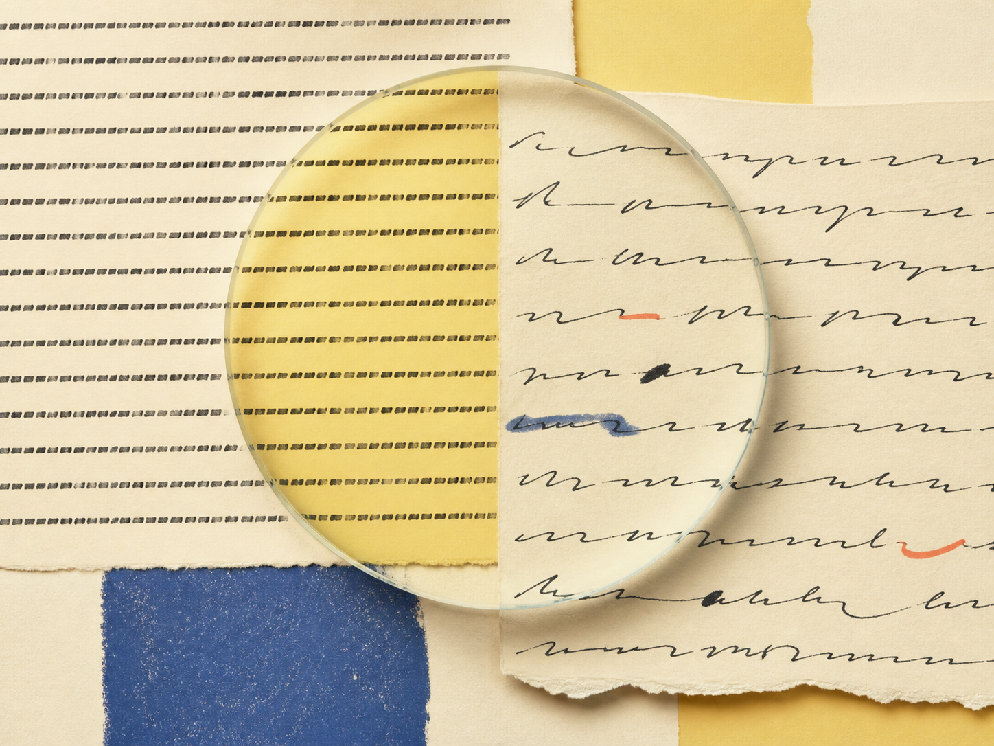 Layered writing patterns viewed through a glass lens