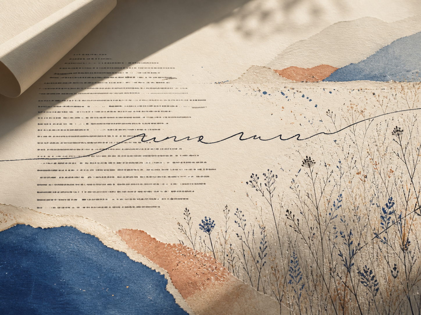 A handwritten line emerging from printed text into an organic paper landscape